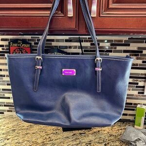 Nine West Navy Blue Tote Handbag 14.5” Shoulder Bag Silver Tone Logo 9” Drop